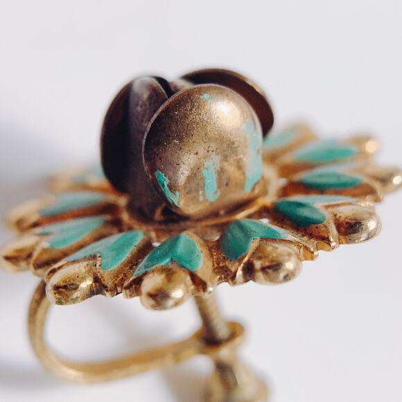 Vintage 1950s Earrings Aqua Enamel Rosebud Screw Back Mid Century Gold Tone - Picture 10 of 11